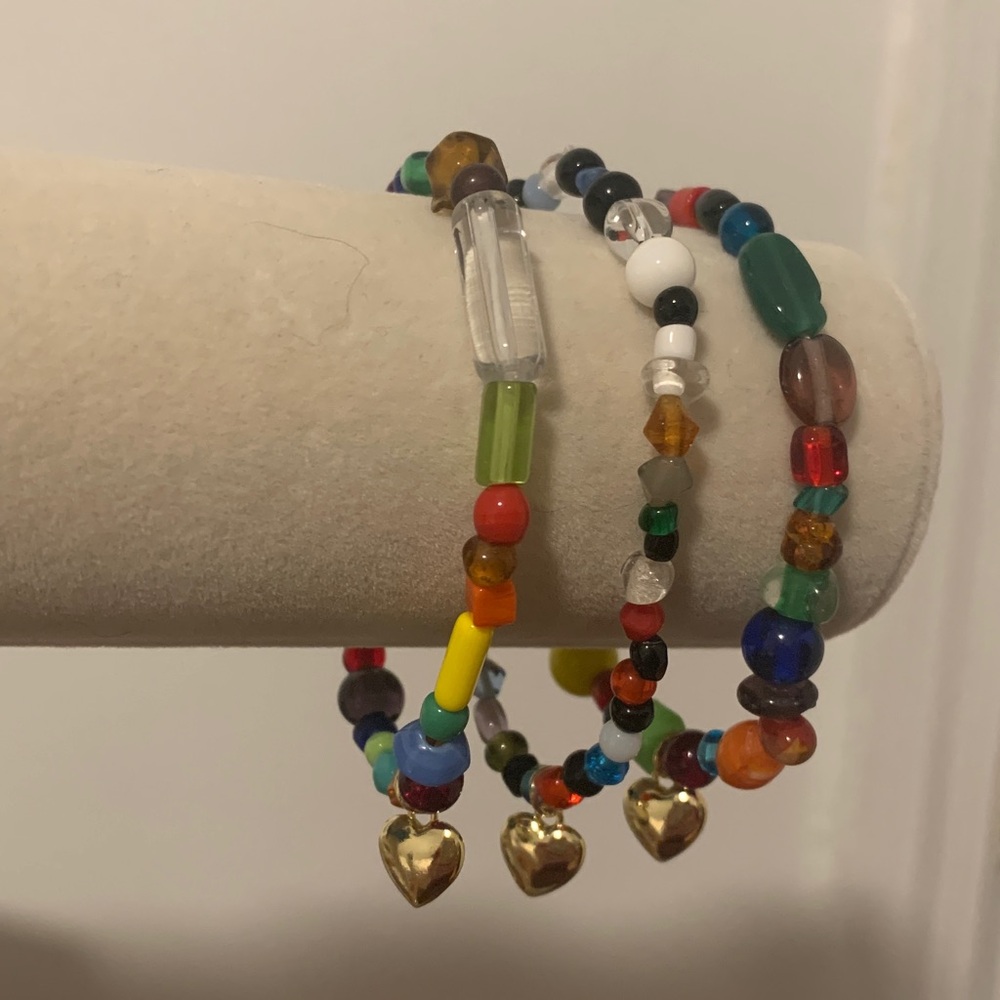 Colorful Beaded Bracelet Set with Gold Heart Accents